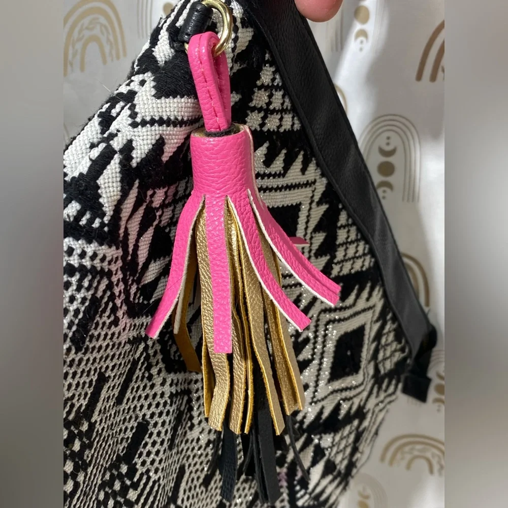 Geometric Black and White Clutch with Pink Tassel